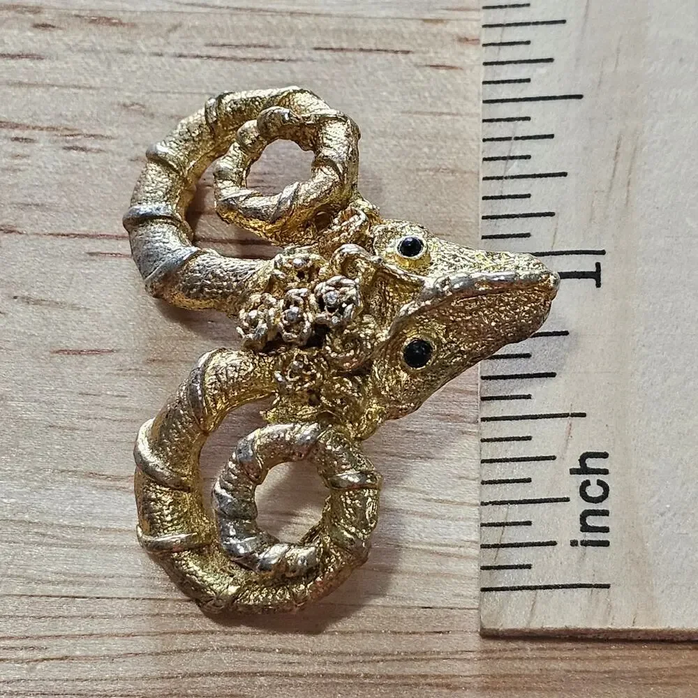 Vintage Gold Ram's Head Brooch with Ornate Twisted Horns